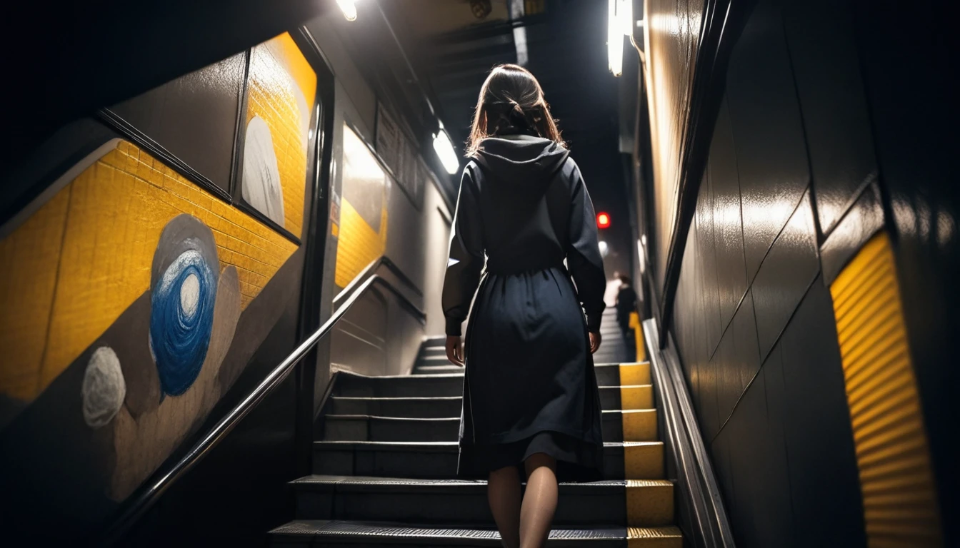 masterpiece,best quality,ultra detailed,(1girl:1.2),girl walking down subway stairs, back angle shot, high angle shot, dramatic lighting,female focus, centered, photoreal painting background
