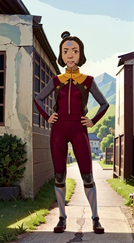 (full body shot, masterpiece, best quality, ultra-detailed, immaculate:1.3),
j1n0ra,blue-arrow forehead tattoo,arrow \(symbol\),brown eyes,short hair,single_bun,solo,female focus,smile,looking at viewer,yellow collar,red bodysuit,grey sleeves,fingerless gloves,red pants,knee boots,standing,hands on hips,latex bodysuit,shiny,tight,
(temple, shrine),mountains,cloudy,hills,