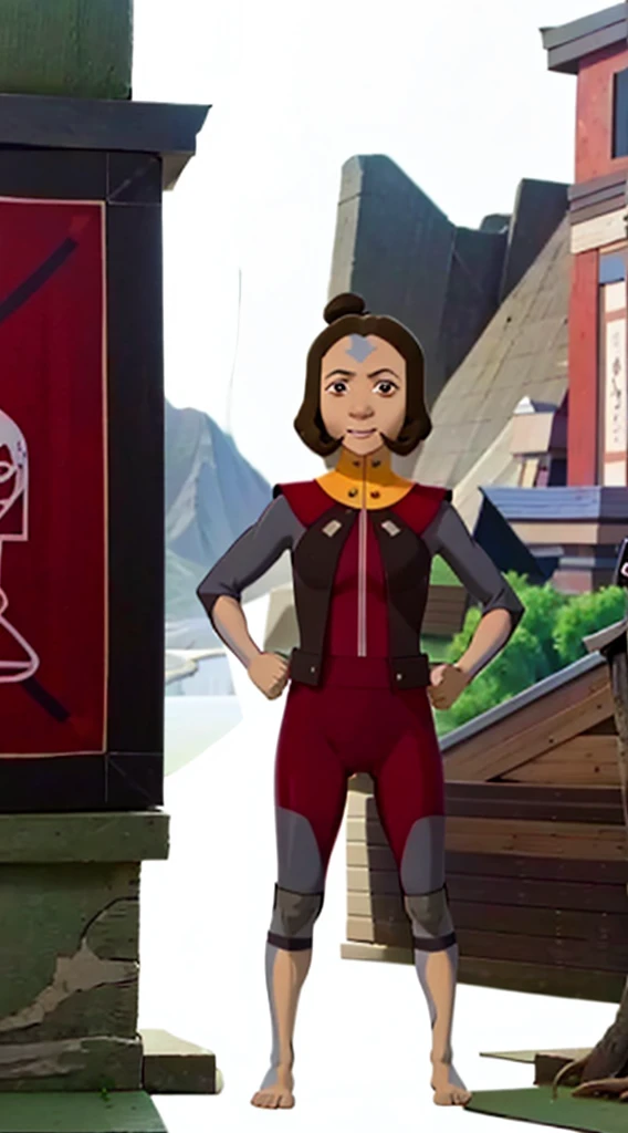 (full body shot, masterpiece, best quality, ultra-detailed, immaculate:1.3),
j1n0ra,blue-arrow forehead tattoo,arrow \(symbol\),brown eyes,short hair,single_bun,solo,female focus,smile,looking at viewer,yellow collar,red bodysuit,grey sleeves,fingerless gloves,red pants,knee boots,standing,hands on hips,latex bodysuit,shiny,tight,
(temple, shrine),mountains,cloudy,hills,