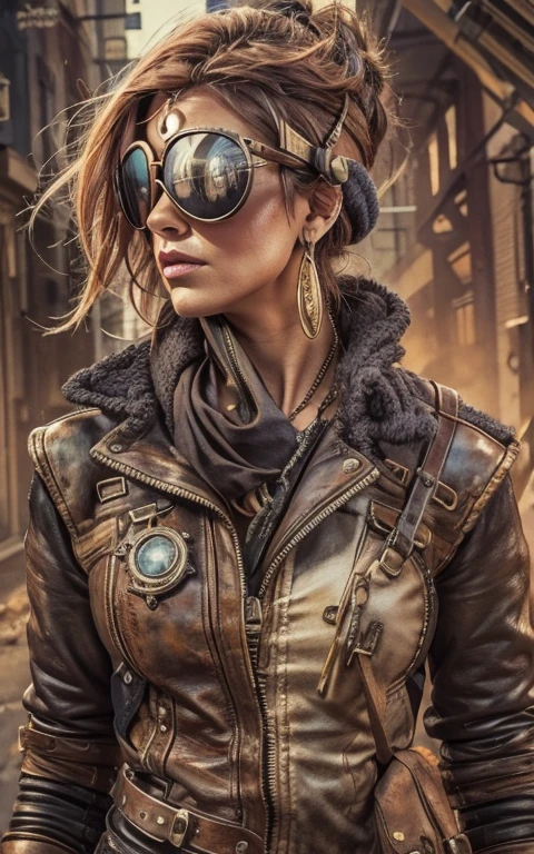 ambiente steampunk, dramatic art, estilo de arte dieselpunk, apocalyptic road warrior vibe, a girl wearing beautiful mirrored sunglasses that reflects everything around her, arte digital surrealista, Mad Max inspirado, heavy metal artwork, simetria da face cromada, arte steampunk digital, no estilo Mad Max, metal art, not art style by Filip Hodas, arte digital steampunk, dieselpunk, em um mundo hightech
