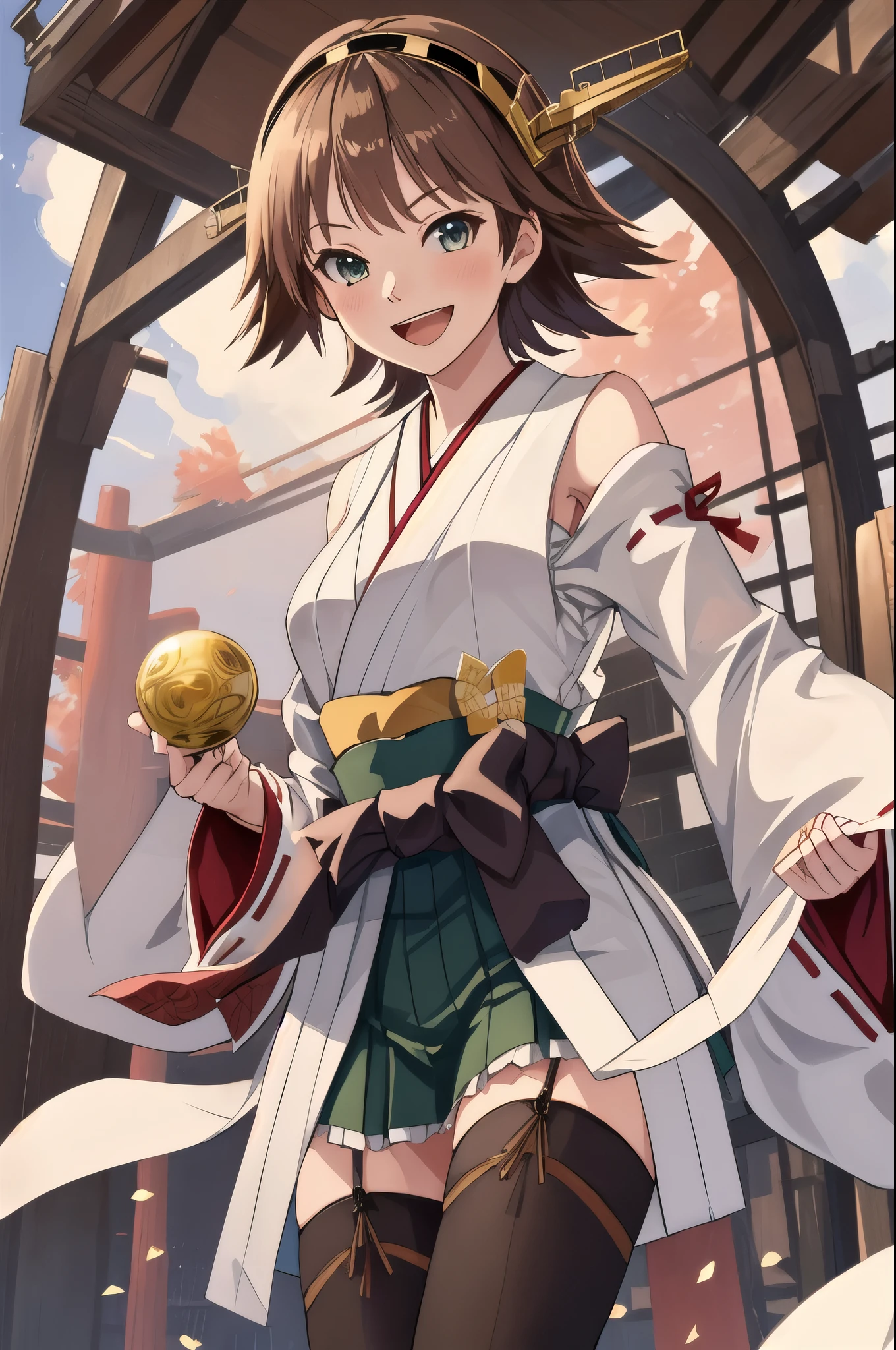 Highest quality, masterpiece, High resolution, 一人in, {Hiei Kai-2_Fleet Collection:1.15}, brown_hair, short_hair, hairband, headgear, Non-traditional_Shrine maiden, smile, green_eye, Inverted up_hair, Open_mouth, One girl, independent_sleeve, Japanese_Clothes, Looking_in_Audience, ribbon-trimmed_sleeve, ribbon_trim, whole body, Furon, white_p wa Background, one hour_drawing_Challenge