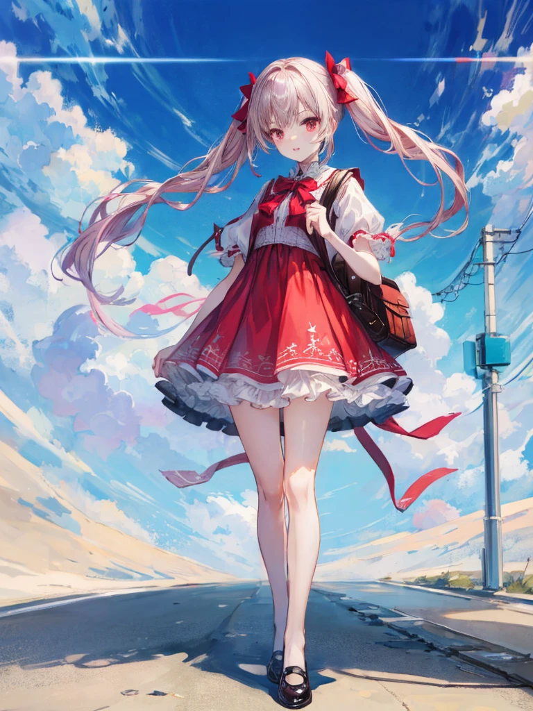 (Highest quality、masterpiece、8K、Best image quality、Hyperrealism、Award-winning works)、(alone:1.1)、(1 photo:1.1)、ェミニンでガーリーな可愛いライトピンクのフリルLolita Dress:1.2)、(Perfect straight twin tails:1.2)、(Low length:1.1)、(height: 160cm:1.1)、Small breasts、Accentuate your body lines、Slender body、Standing Elegantly、Full body photo of a woman Are standing gracefully、Accurate anatomy、Perfect Makeup、Long eyelashes、Glossy Lips、Ultra HD glossy skin、(Ultra-high definition, bright and beautiful skin:1.1)、Ultra-high definition Glossy Lips、Ultra-high definition beautiful teeth, wearing Red Backpack, (Red Backpack:1.2), Lolita Dress, Cute Dresses, Outdoor, Are standing, city