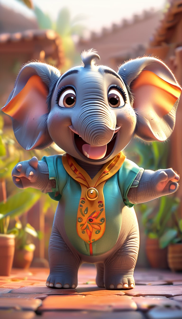 cute elephant, cartoon , arms, hands ,cute eyes, looking at viewer, arms up, clothes