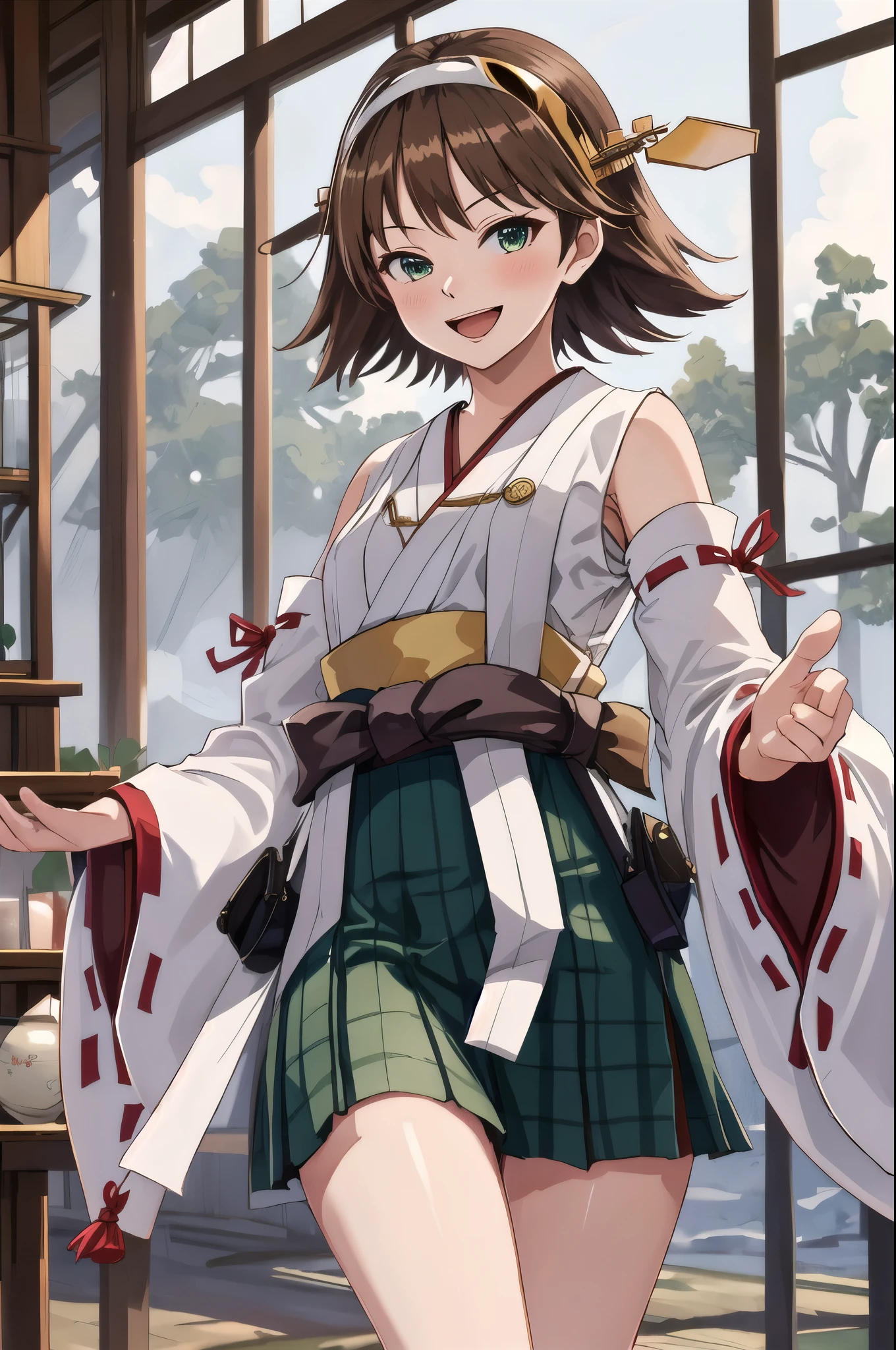 Highest quality, masterpiece, High resolution, 一人in, {Hiei_Fleet Collection:1.15}, brown_hair, short_hair, hairband, headgear, Non-traditional_Shrine maiden, smile, green_eye, Inverted up_hair, Open_mouth, One girl, independent_sleeve, Japanese_Clothes, Looking_in_Audience, ribbon-trimmed_sleeve, ribbon_trim, whole body, Furon, white_p wa Background, one hour_drawing_Challenge