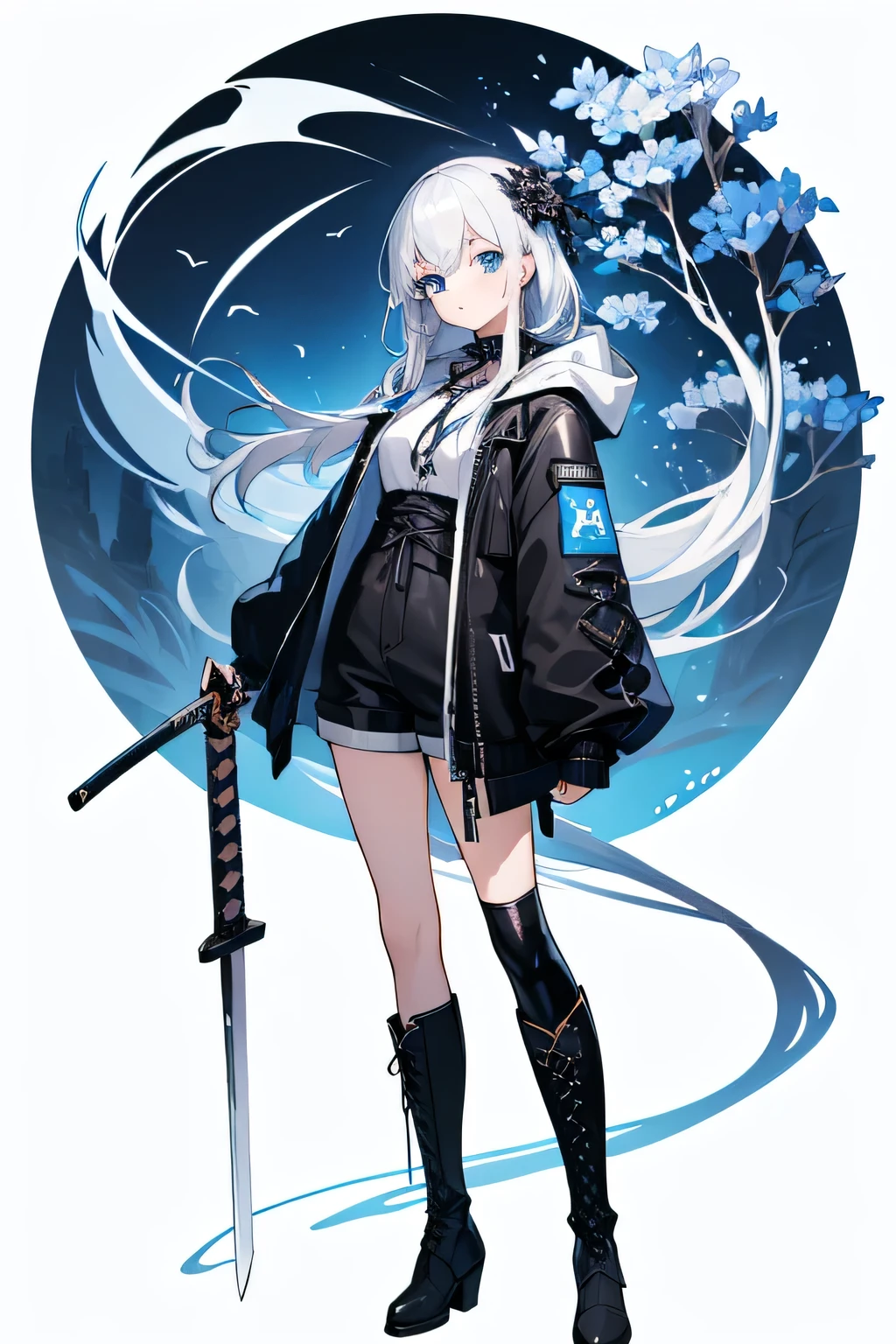((Highest quality)), ((masterpiece)), (detailed), One girl, 、delicate、Silvery white hair、Bright blue eyes、Bright and intelligent、Flower tan、Side Tail、Japanese sword、Futuristic techno clothing with a black base、Lace-up long boots、Black hooded jacket、Shorts