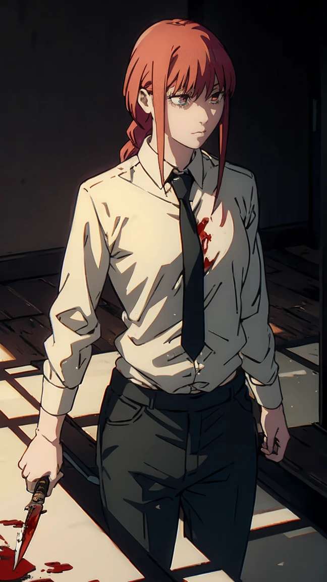 Running away \(chainsaw man\), holding knife, blood rain, 1girl, only, Standing, Red hair, long braided hair, gold eyes, fringe, medium breasts, White shirt, tie, meet, (just:1.2), looking at the viewer, (interview:1.3), dark background, pants, Black pants, The best quality, shiny skin, highest qualityr, High resolution, belly, bed