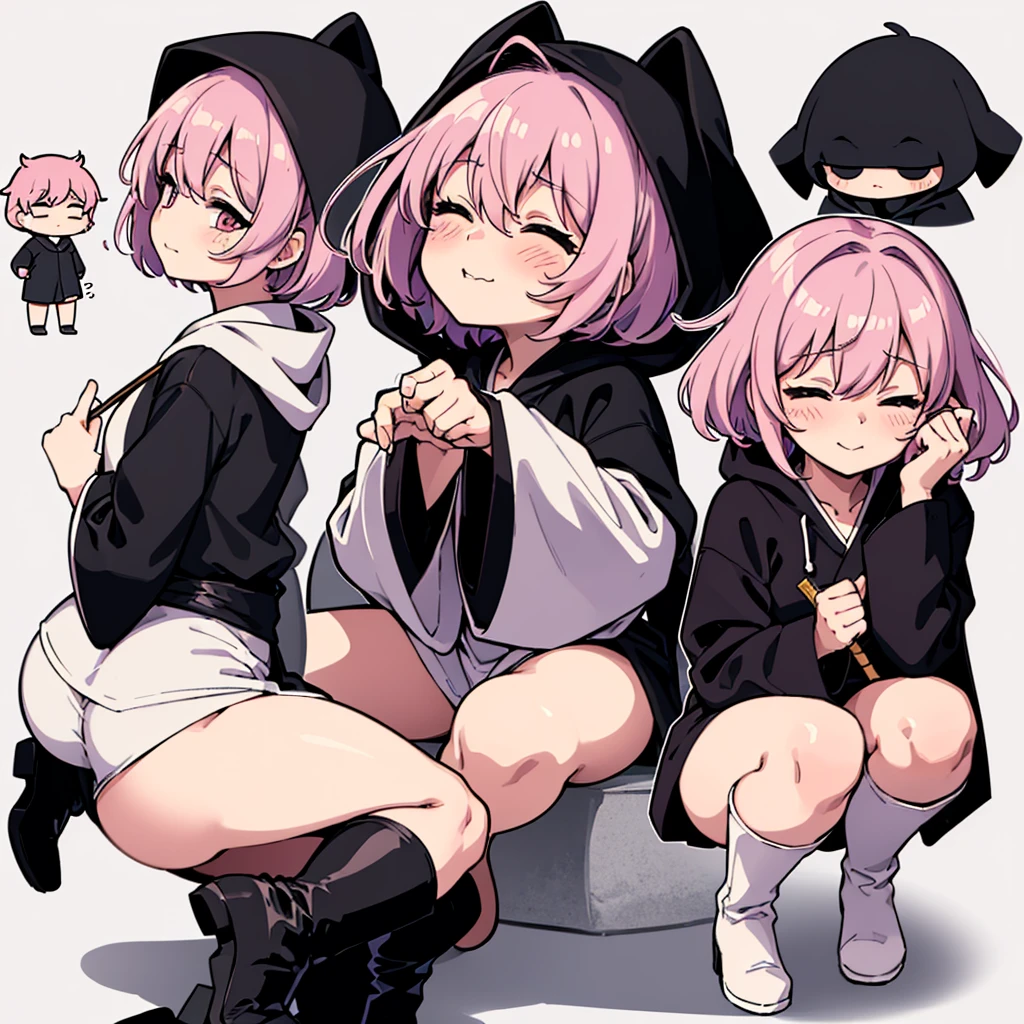 ((((Chibi Character))))、(whole body)、(Back view、front、From the side、From above)、(((Wearing a black hood)))、Best illustrations、Best Quality、(23 years old)、(The same face:1.1),Medieval Fantasy、Magic wand,(White Background)、(Pink Hair、Very Short Hair、Align your bangs)、(((Long sleeve、Black Robe、pants、Knee-high boots)))、Fighting stance、(smile、Embarrassed、blush、Embarrassing、Close your eyes)、Sit on the ground