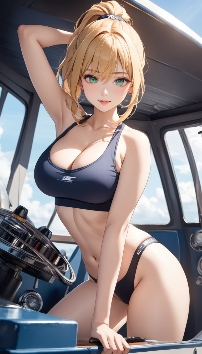 Highest quality、Best image quality、masterpiece、One Girl、26 years old、Best Bust、Big Breasts、Beautiful Eyes、Blonde, Green Eyes、ponytail、Natural smile、Cleavage、Sexy pose, Seductive pose, crop top, hot pants, noon、On the cruiser、Being held in a man's arms、Straddling a chair、Embarrassed, blush、Upper Body、from above, blue sea、Natural sunlight、Shallow depth of field、Perfect Anatomy