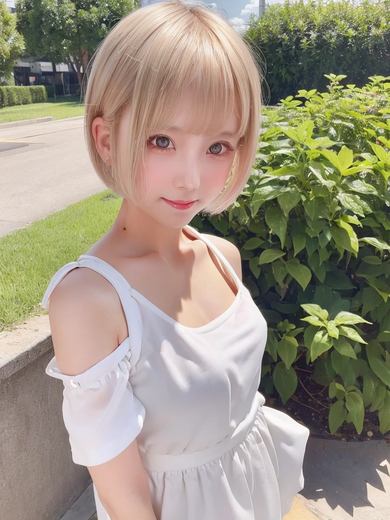 A girl with white skin and short hair。Blonde hair, big dark eyes, wearing summer clothes, sophisticated touch, full upper body, Pulling back,Her appearance will be impressive, Smiling and very cute,Attracts curious and inquisitive gazes.Selfie style,masterpiece, Attention to detail, high quality, 4K.