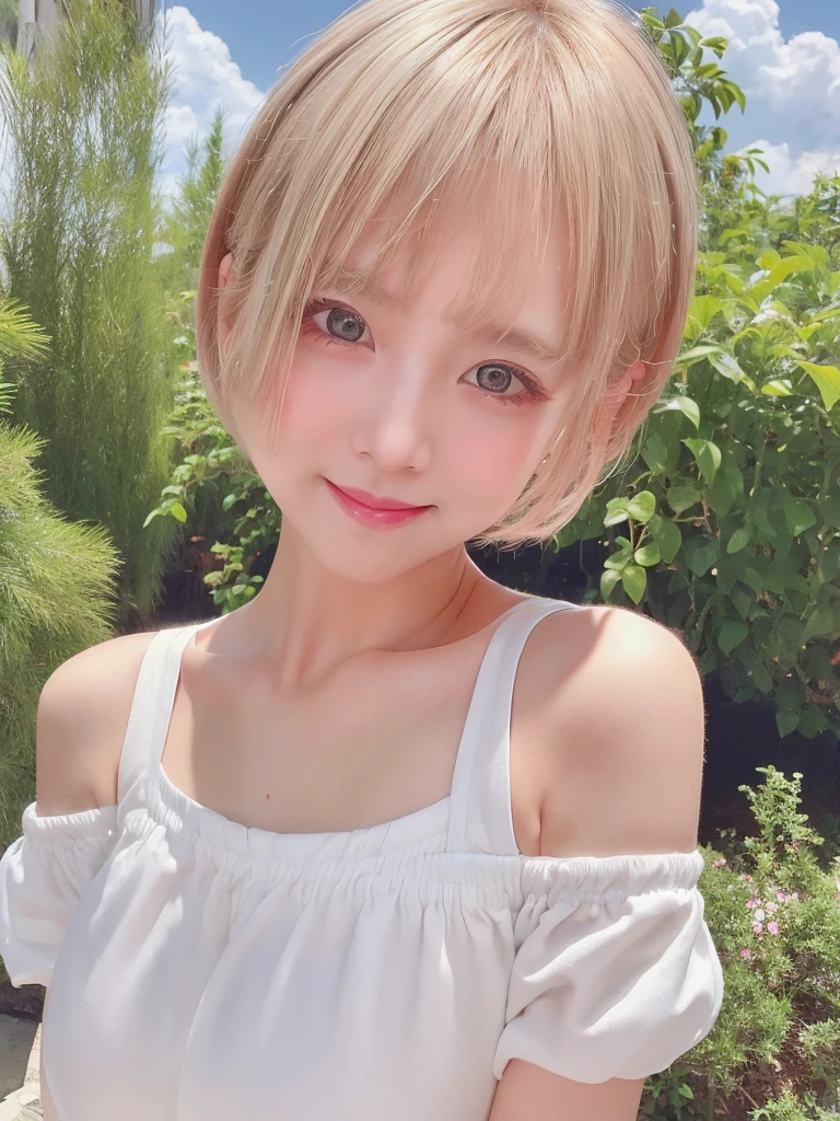 A girl with white skin and short hair。Blonde hair, big dark eyes, wearing summer clothes, sophisticated touch, full upper body, Pulling back,Her appearance will be impressive, Smiling and very cute,Attracts curious and inquisitive gazes.Selfie style,masterpiece, Attention to detail, high quality, 4K.