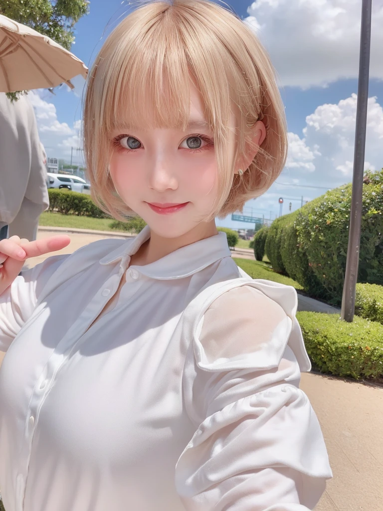 A girl with white skin and short hair。Blonde hair, big dark eyes, wearing summer clothes,Pulling back,Her appearance is impressive, smile,Attracts curious and inquisitive gazes.Selfie, high quality, 4K.