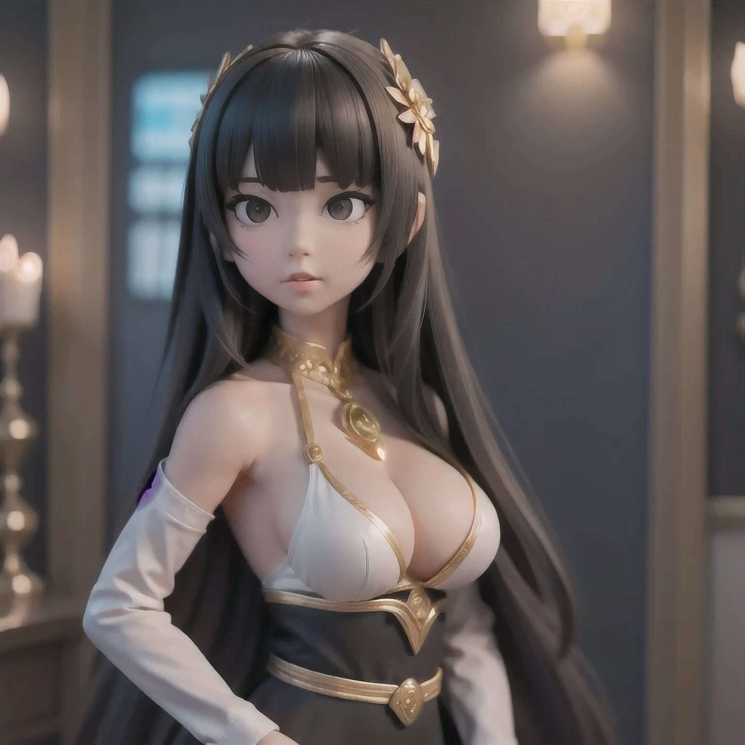 CG
1girl
bangs
bare shoulders
black dress
black eyes
black hair
blurry
blurry background
blurry foreground
bokeh
breasts
brown eyes
cleavage
closed mouth
depth of field
dress
hair ornament
jewelry
large breasts
long hair
looking at viewer
medium breasts
solo
upper body
very long hair