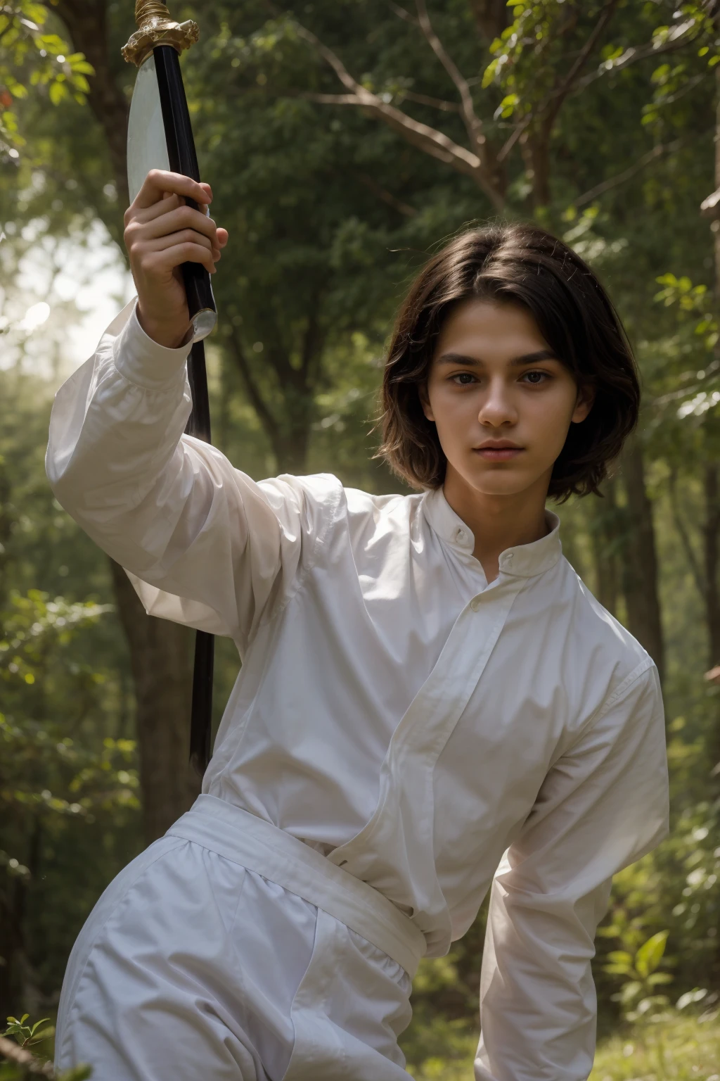 A beautiful young twink, male with black hair, wearing a white uniform, is in the forest, brandishing his sword