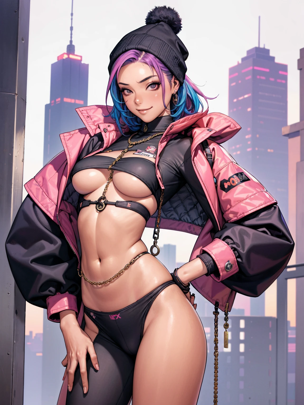 (((best qualityer))), (((absurdres))), (((1girl))), (((Urban girl))), (((malicious smile))), a beautiful and sexy girl with multi-colored hair wearing ultra modern clothes with kanjis printed on her nylon jacket with diamond-shaped stitching, (((slim with fitness body))), bright and contrasting colors, Hip-hop style low-waisted wide-leg pants with panty straps showing, stylish Beanies with vertical seams, Brand logo, hip-hop gold neck chains, padlock, buttons with Japanese art, multi colored hair and futuristic modern cut, with your hand in your pocket, in the background buildings and walls with colorful graffiti, under boob, neckleace