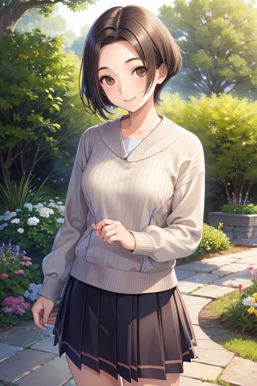 Rinko Kobayakawa、Shiny brown hair, ((Center-parted bangs))、short hair, (Beautiful brown eyes、Sparkling eyes, Fine grain)、smile、Super detailedな目、Highly detailed face, Highly detailed eyes,


Only one female, (high quality, High resolution, Super detailed, Realistic:1.37), Peaceful atmosphere, (plein air, garden), Teenage girl standing alone, , Beautifully detailed features, かわいいsmile,  Ribbed sweater, Red Check Skirt, 