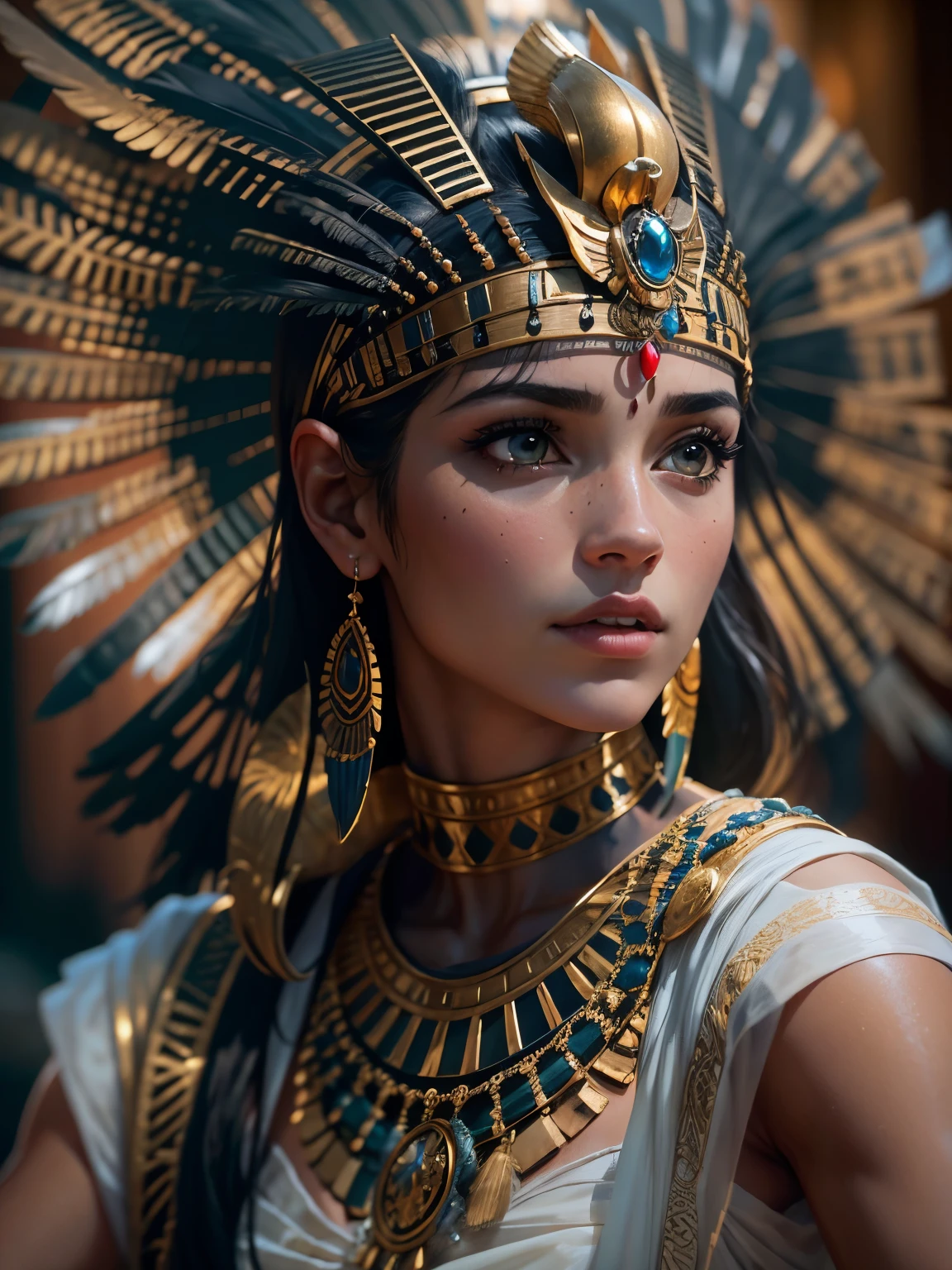 Close-up of a woman with headdress and feathers, Cleopatra Portraiture, beautiful Cleopatra, 3d, goddess, Portraiture, アステカ王女のPortraiture, goddessとしてのナタリー・ポートマン, Cleopatra, 映画のgoddessのクローズショット, Egyptian Princess, goddessのクローズアップPortraiture, ZbrushArt, 超Realisticファンタジーアート, Black Emma Watson becomes Egyptian, Realistic digital art,Familiar,Realistic, Familiar, Skin Texture, hyper Familiar, Realistic Skin Texture, Armature, Highest quality, 超High resolution, (写真Realistic:1.4),, High resolution, Familiar,
RAW Photos, Shapuri, Lee Jeffries Nikon D850 Film Stock Photo Graph 4 Kodak Portra 400 Camera F1.6 lens rich colors hyper Realistic lifelike texture dramatic lighting unrealengine trending on artstation cinestill 800