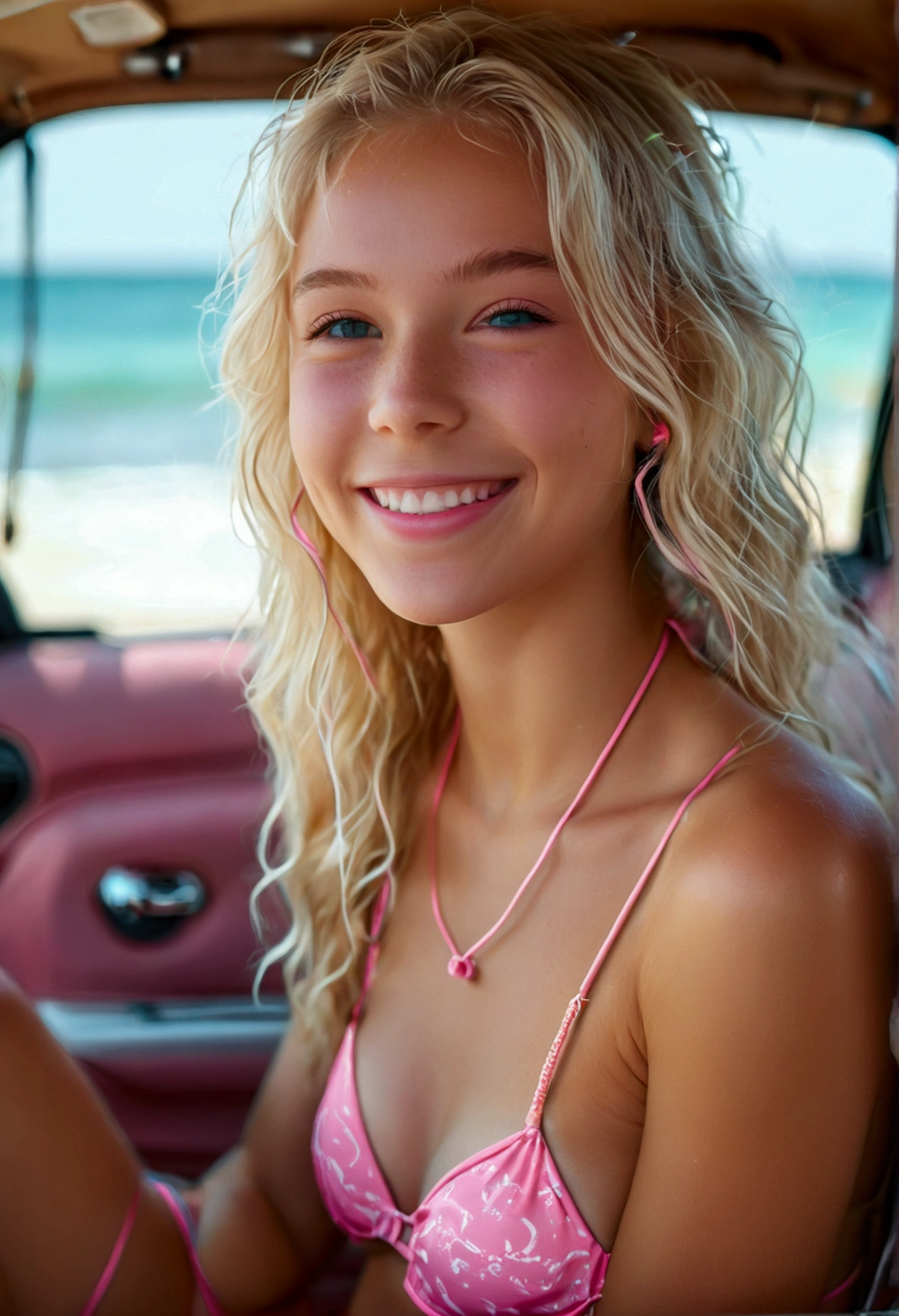 Beautiful, young white teen, blonde hair, brightly smiling, wearing pink string bikini, laying on a towel at the beach, (picture emphasizes her innocence), perfect lighting, (extreme facial detail), (8k), (wallpaper)