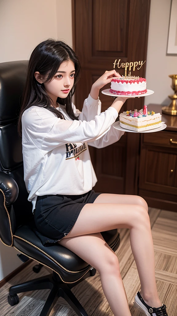 /imagine create realistic illusion image of A 17 year old girl is sitting on a king chair and she is cutting the birthday cake, there are many gifts kept next to it and Happy Birthday Kajal, 3d text is written on the back wall