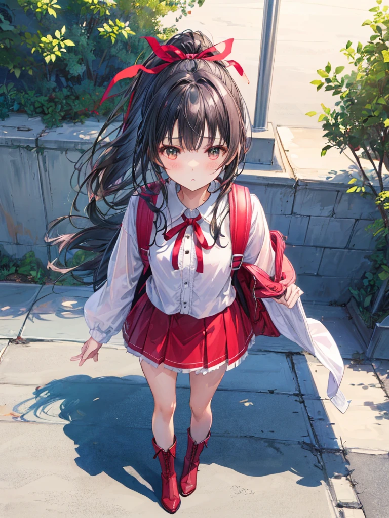 masterpiece, High resolution, Realistic, Black Hair, Asian Girl, Ponytail, Hair Ribbon,(very young face).○, A girl wearing a pink idol dress (((Beautiful thighsを露わにするキラキラアイドルドレス:1.2)))、(Wearing folded over, Too short mini frill skirt), (Black Hairのアジア人), Outdoor, ponytail, Are standing, Outdoor, wearing red Backpack, (Backpack:1.1) (赤いBackpack:1.2)、((Beautiful thighs:1.0)),((Lovely:1.4)), Standing Full Body, wearing red boots, (boots:1.2), Pony Neck Ribbon, Red hair ribbon
