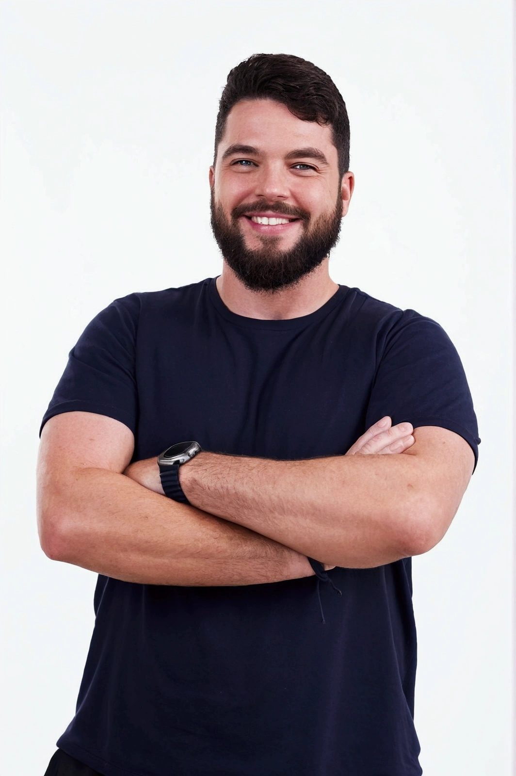 Cartoon character of a white man with a beard, arm crossed and smiling