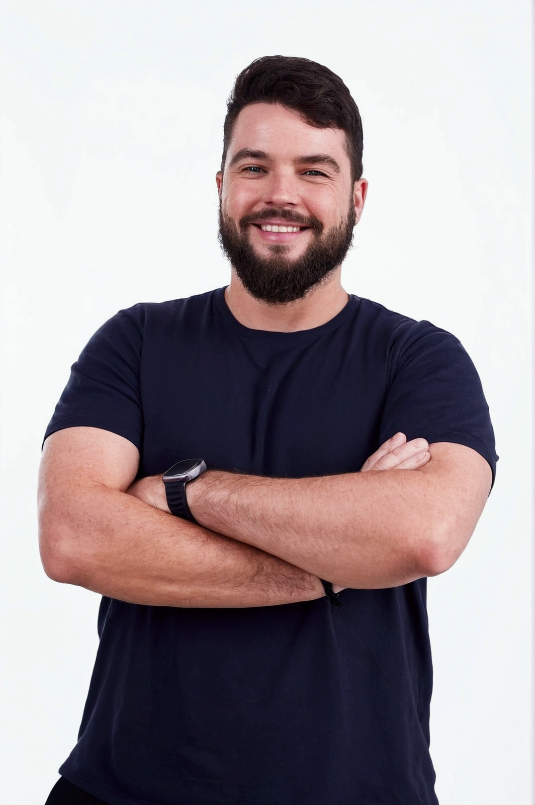 Cartoon character of a white man with a beard, arm crossed and smiling