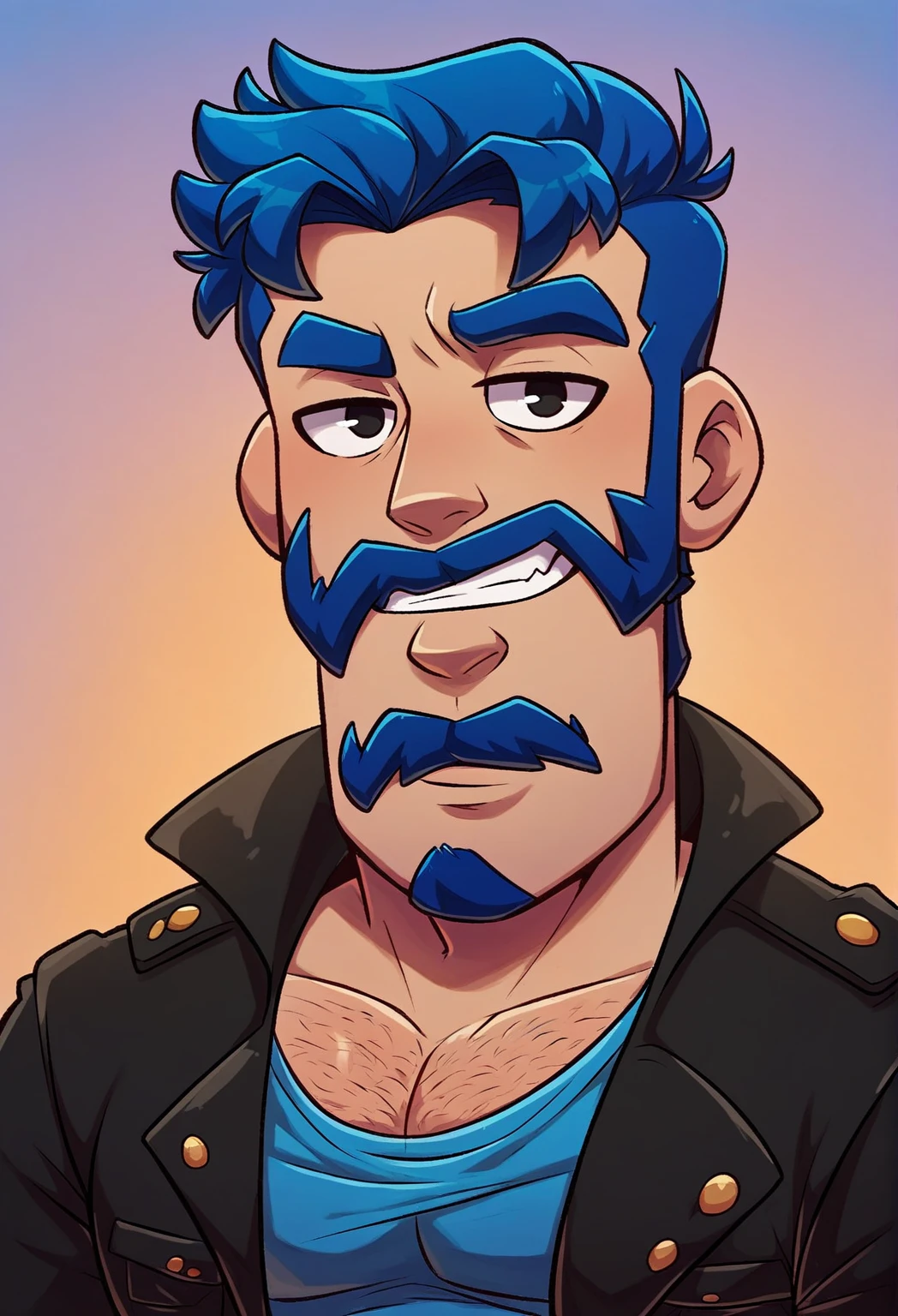 a close up of a cartoon man with a beard and mustache, commission for high res, cartoon artstyle, markiplier, varguyart style, clean artstyle, he got a big french musctache, hero 2 d fanart artsation, unknown artstyle, character portrait of me, 2d portrait, cel shaded!!!, hairy chest, greg ] regular fit brown, open black jacket with blue sports shirt.