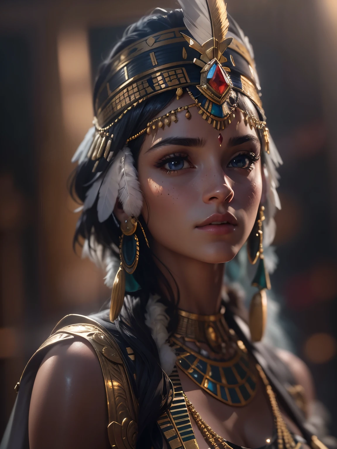 Close-up of a woman with headdress and feathers, Cleopatra Portraiture, beautiful Cleopatra, 3d, goddess, Portraiture, アステカ王女のPortraiture, goddessとしてのナタリー・ポートマン, Cleopatra, 映画のgoddessのクローズショット, Egyptian Princess, goddessのクローズアップPortraiture, ZbrushArt, 超Realisticファンタジーアート, Black Emma Watson becomes Egyptian, Realistic digital art,Familiar,Realistic, Familiar, Skin Texture, hyper Familiar, Realistic Skin Texture, Armature, Highest quality, 超High resolution, (写真Realistic:1.4),, High resolution, Familiar,
RAW Photos, Shapuri, Lee Jeffries Nikon D850 Film Stock Photo Graph 4 Kodak Portra 400 Camera F1.6 lens rich colors hyper Realistic lifelike texture dramatic lighting unrealengine trending on artstation cinestill 800,{{{{{{{(masterpiece, .CGI:1.4),(8K raw photo, best quality, masterpiece:1.2) super detailed official art,photorealistic:1.37, (outstanding, professional),masterpiece,best quality,ultra detailed,highres,high-resolution,4K,4Kportrait,8K,8Kportrait,unity8Kwallpaper,extremely detailed CG,realistic,RAW photo,real person,portrait photography,photorealistic,shiny skin,detailed skin,(((dynamic angle full body
and dynamic angle wide shot
and dynamic angle close-up
and dynamic angle upper body
and dynamic angle from above
and dynamic angle from behind
and dynamic angle from below
))),{{{{supermodel }}}},{{{{Photorealistic:1.4}}}}, beautiful detailed, highly detailed eyes and face, beautiful detailed eyes, ridiculous, incredibly ridiculous, super detailed, high resolution, highly detailed, top quality, masterpiece, illustration, highly detailed, CG, unified, 8K wallpaper, amazing, fine detail, masterpiece, top quality, highly detailed CG unified 8K wallpaper, face light, movie lighting,surrealistic female portrait, magic lights, 32K resolution, action poses, realistic photography, dynamic lighting, art station, volume lighting, highly detailed face, awarded, shadows}}}}}}}