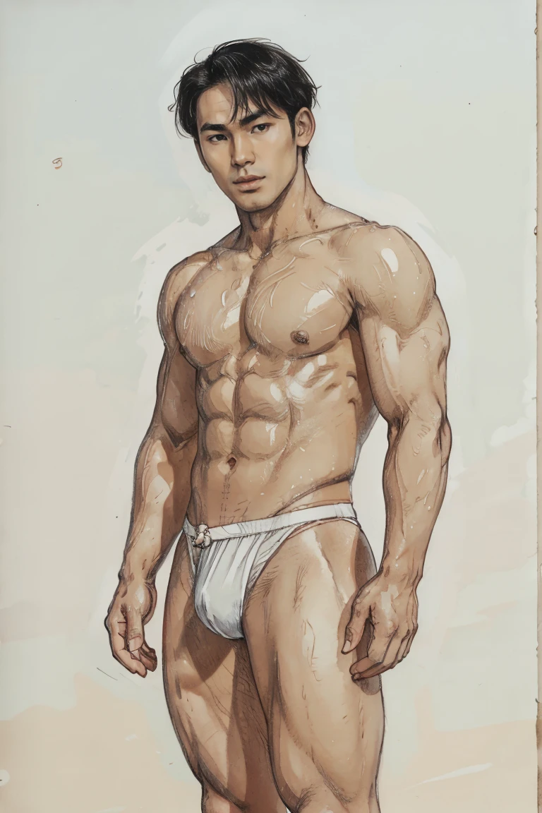 Muscular Asian man handsome face, Greek god body, small waist, Dressed in a small wet white thong and a huge bulge underneath, Clearly elegant short hair, within ancient Korean time, Flowers and mist around