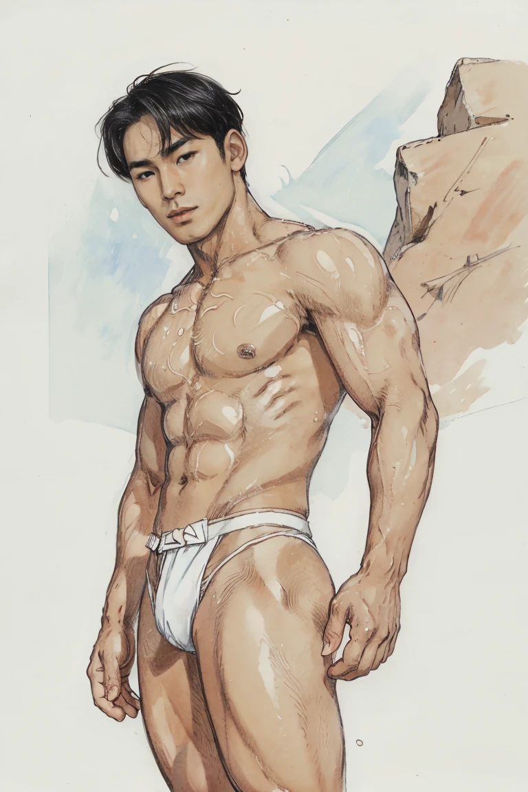 Muscular Asian man handsome face, Greek god body, small waist, Dressed in a small wet white thong and a huge bulge underneath, Clearly elegant short hair, within ancient Korean time, Flowers and mist around