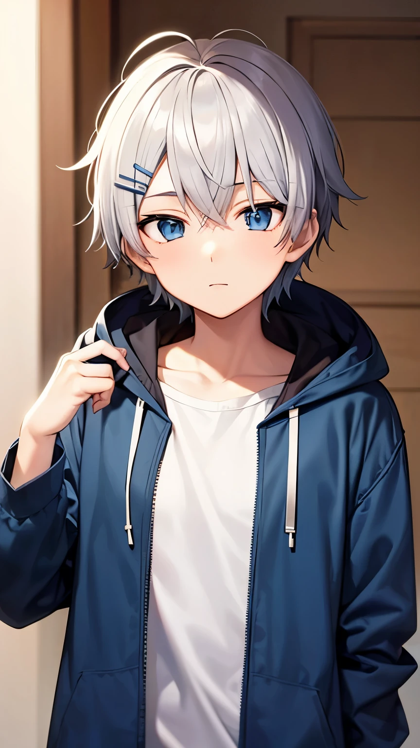 Anime style,  boy, silver short haired crossed bangs with 2 hairclips on the right bangs. Blue eyes. Using white t-shirt and blue hood jacket