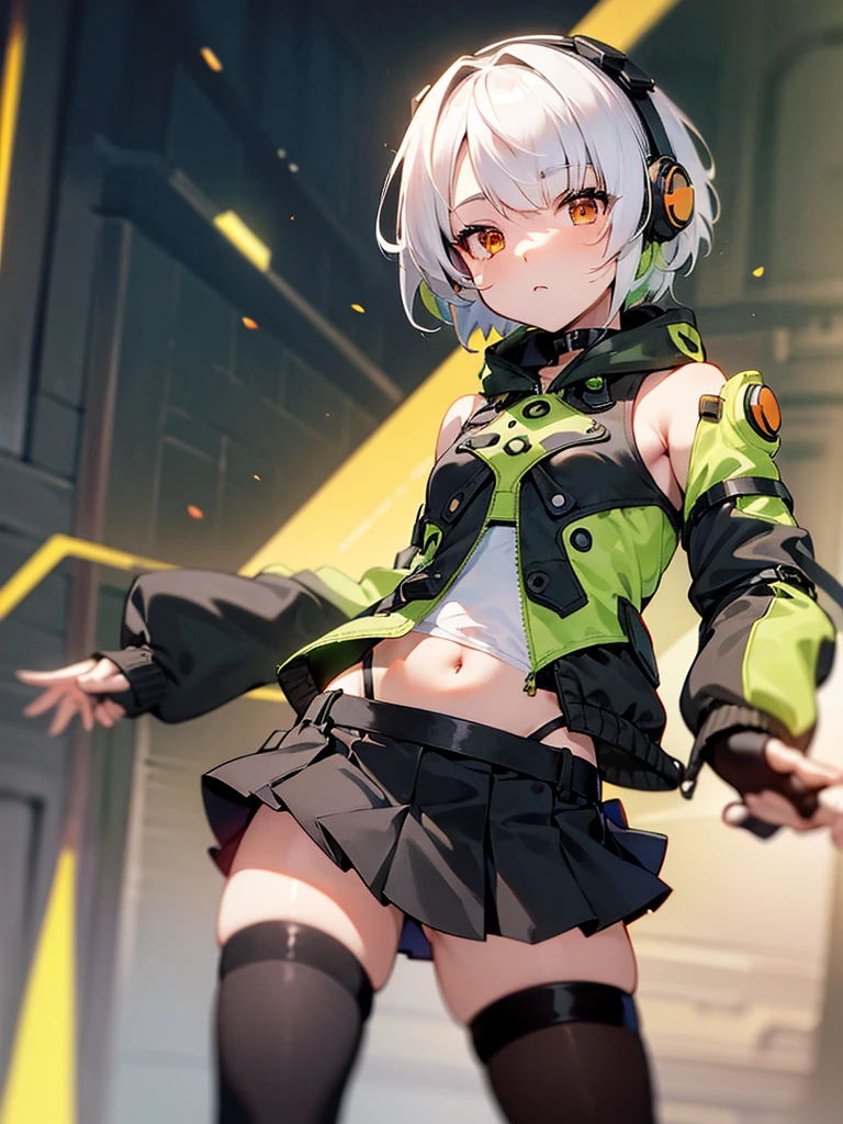 masterpiece, best quality, anby demara, orange eyes, short hair, white hair,
 expressionless, standing, bare shoulders, black gloves, black skirt, black thighhighs, fingerless gloves, green jacket, headphones, navel, thighhighs, street,