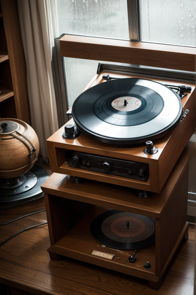 An old record player near a rainy window 