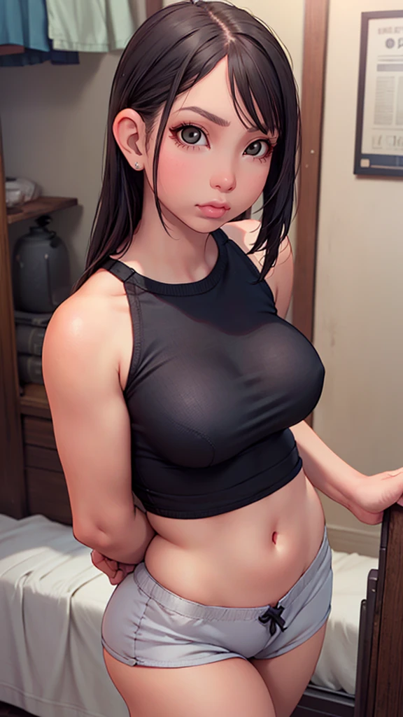 ((realistic face, seductive, adult look, white eyes)), (gray crop top, black underwear, Short clothes), (long black fur), (20 years), (1 girl), (estilo 4k))