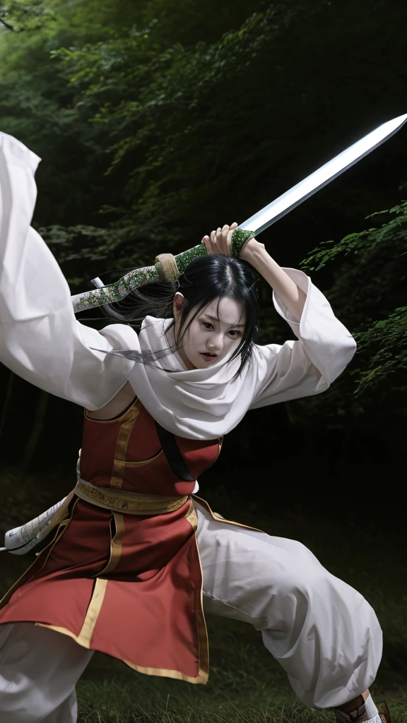 "Create a highly realistic image of a female warrior resembling Kyoukai from the manga series Kingdom. She should have a slender yet athletic build, wearing traditional Chinese armor with intricate details. Her expression is calm and focused, with a mysterious aura. She has long, flowing black hair and is holding a sword in a defensive stance. The background should depict a forest or battlefield with a dramatic sky."