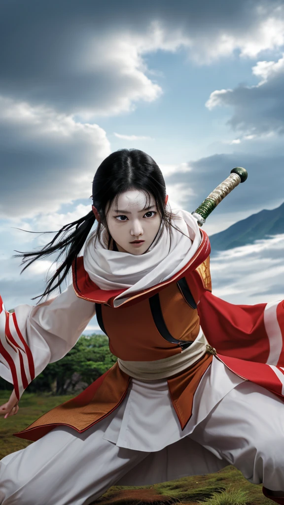 "Create a highly realistic image of a female warrior resembling Kyoukai from the manga series Kingdom. She should have a slender yet athletic build, wearing traditional Chinese armor with intricate details. Her expression is calm and focused, with a mysterious aura. She has long, flowing black hair and is holding a sword in a defensive stance. The background should depict a forest or battlefield with a dramatic sky."