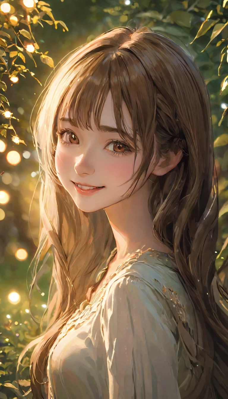 (Highest quality), (Very detailed), (An illustration), (Detailed light), (Very delicate and beautiful), One Girl, Long Hair, Brown eyes, (smile, Innocent and cute expression), model, attractive, Majestic, mysterious, wonderful, High-definition CG synthesis 8K wallpaper, High resolution raw color photos, Professional photography, (Bokeh), Twilight, Golden Hour, Backlight, Written boundary depth,