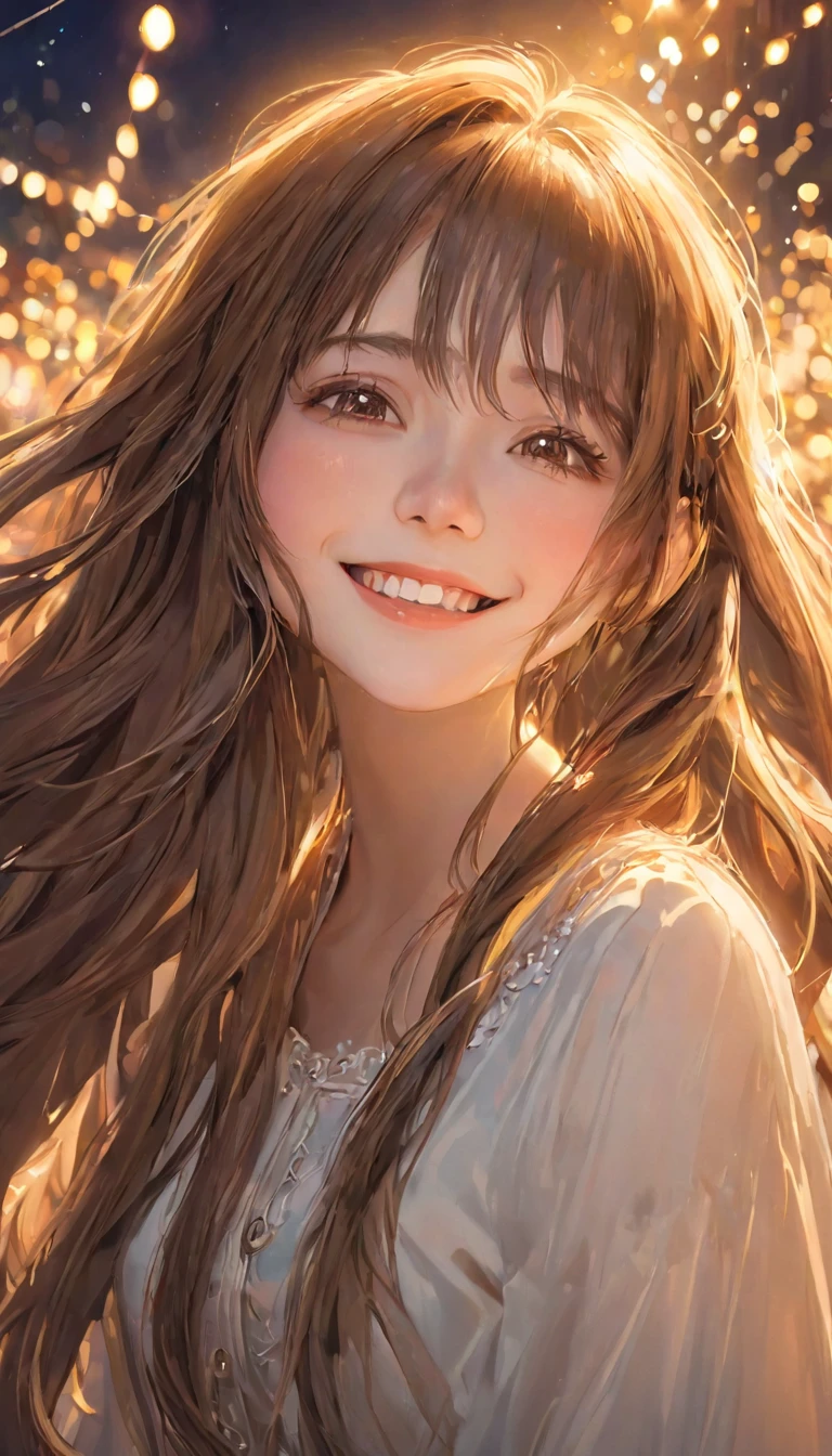 (Highest quality), (Very detailed), (An illustration), (Detailed light), (Very delicate and beautiful), One Girl, Long Hair, Brown eyes, (smile, Innocent and cute expression), model, attractive, Majestic, mysterious, wonderful, High-definition CG synthesis 8K wallpaper, High resolution raw color photos, Professional photography, (Bokeh), Twilight, Golden Hour, Backlight, Written boundary depth,