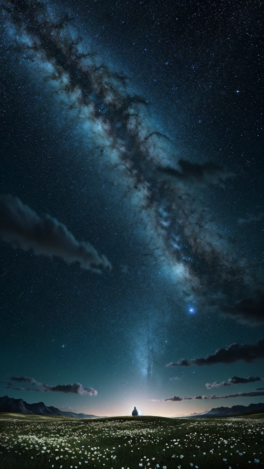 starry night sky with a mountain and a field of white flowers, endless cosmos in the background, moonlit starry sky environment, anime background, background is space, sitting on the cosmic cloudscape, on a galaxy looking background, magnificent background, space sky, cool background, heaven planet in background, space in background, on cosmic cloudscape, magical background, icey tundra background
