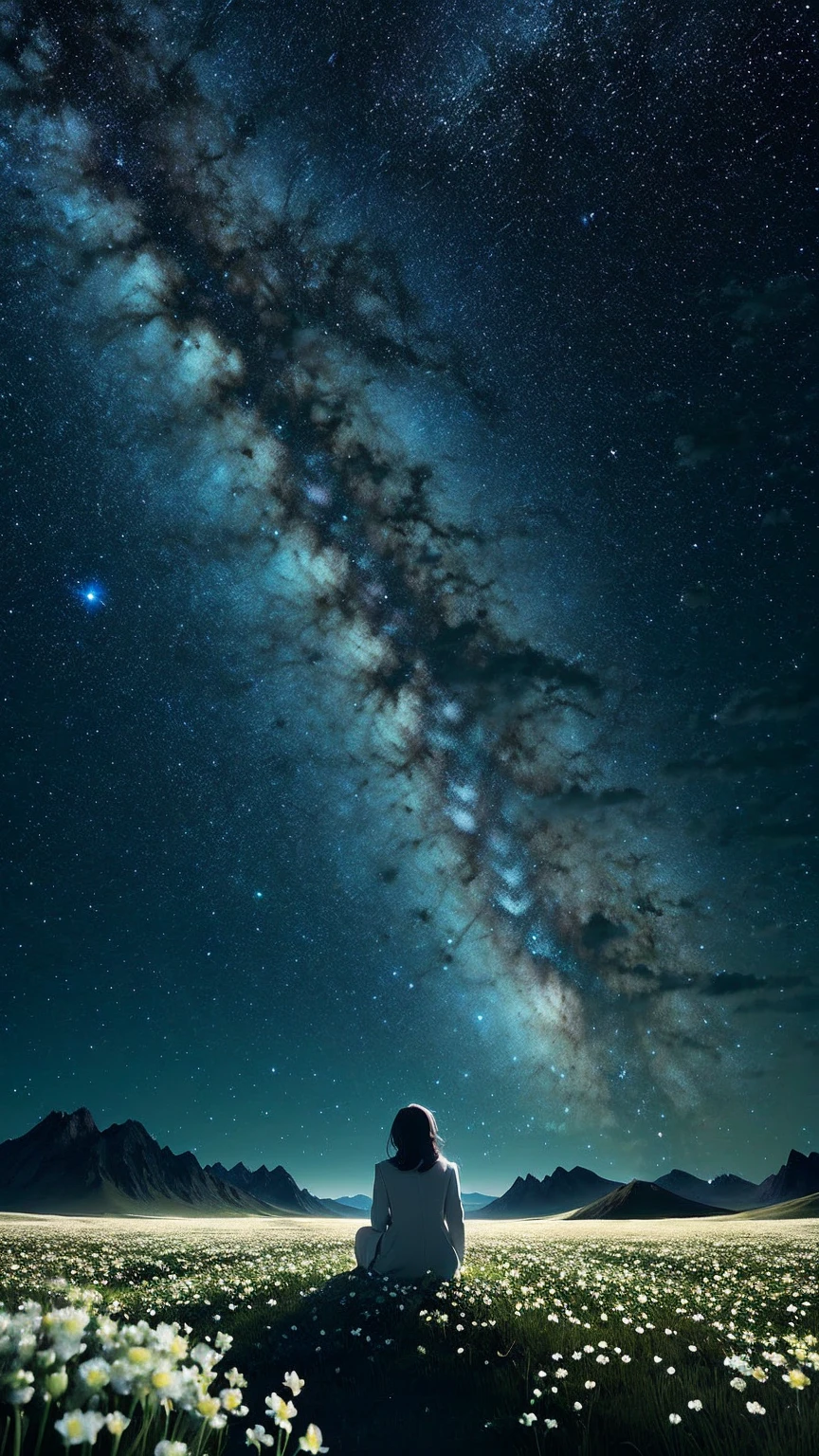 starry night sky with a mountain and a field of white flowers, endless cosmos in the background, moonlit starry sky environment, anime background, background is space, sitting on the cosmic cloudscape, on a galaxy looking background, magnificent background, space sky, cool background, heaven planet in background, space in background, on cosmic cloudscape, magical background, icey tundra background