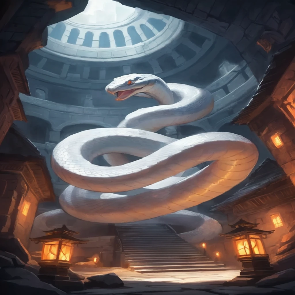 there is a cobra that is standing in a building, serpente, arte completa, Retrato de uma serpente sagradae, collectible arte do cartão, cobra, Ouroboros, cobra art, arte do cartão, giant cobra castle, arte completa illustration, giant cobra, jormungandr, Naga, magic the gathering arte do cartão, enguia etérea, por Adam Marczyński