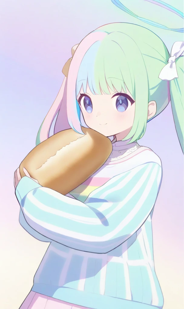 Pastel_rainbow_hair_Holding_Bread_halo_rainbow_pastel_casual_cute_outfits_Long_Twintails_hair_with_white_ribbons_\(\blue achive\)