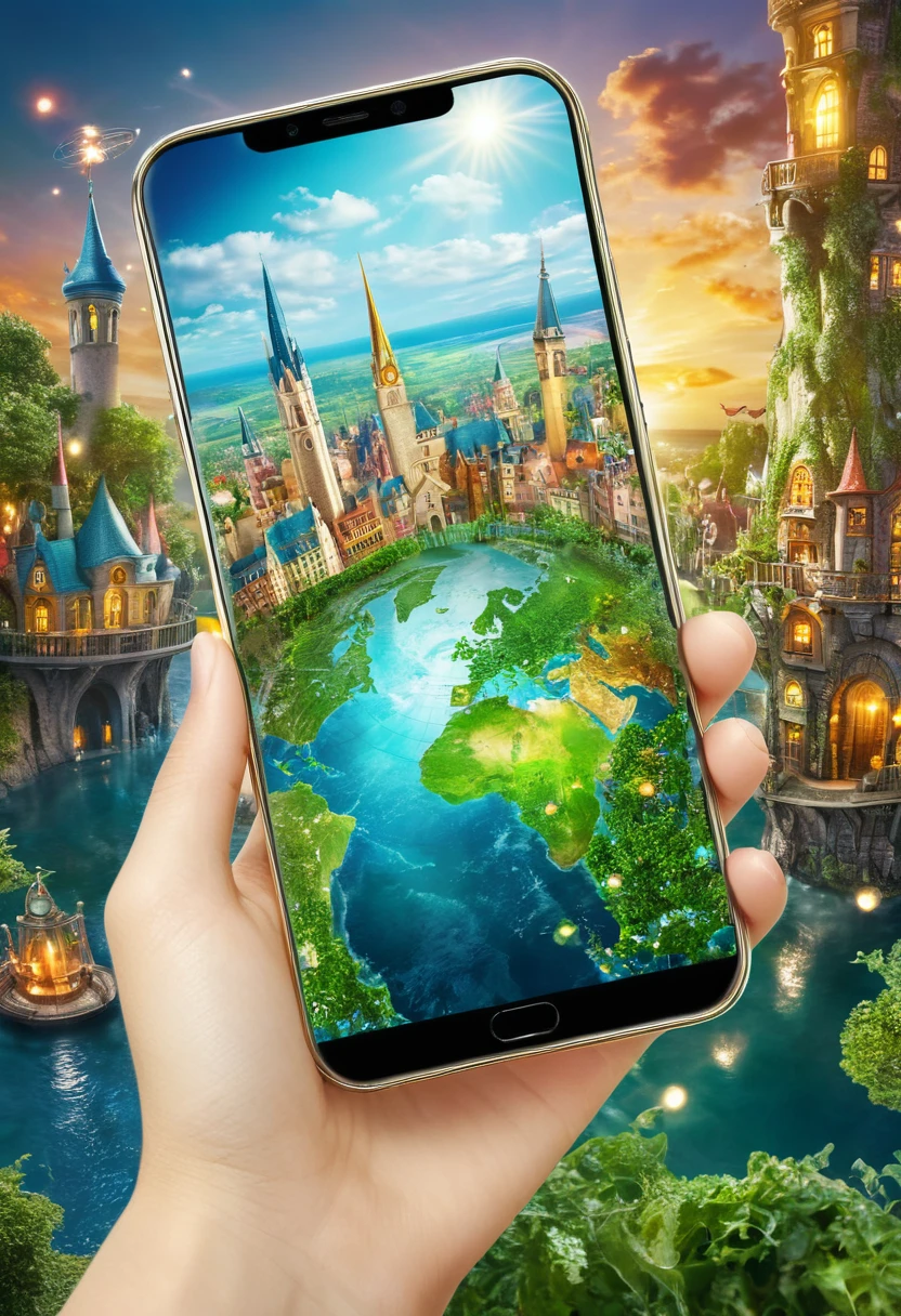 It's very realistic, with a smartphone in your hand and a world map displayed on the smartphone screen, There is a part of a magical city that looks like a fairy tale in the depths of the image, outdoor