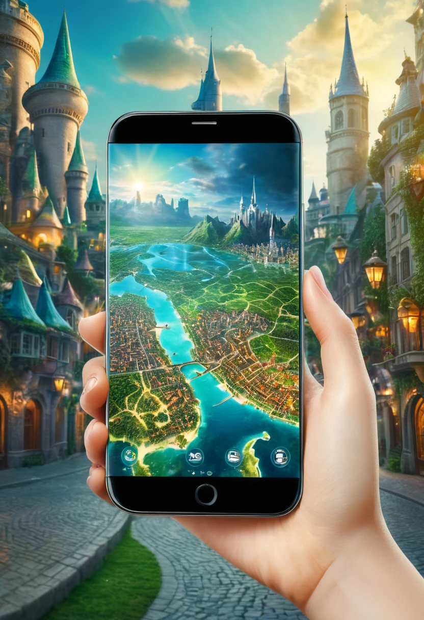 It's very realistic, with a smartphone in your hand and a world map displayed on the smartphone screen, There is a part of a magical city that looks like a fairy tale in the depths of the image, outdoor