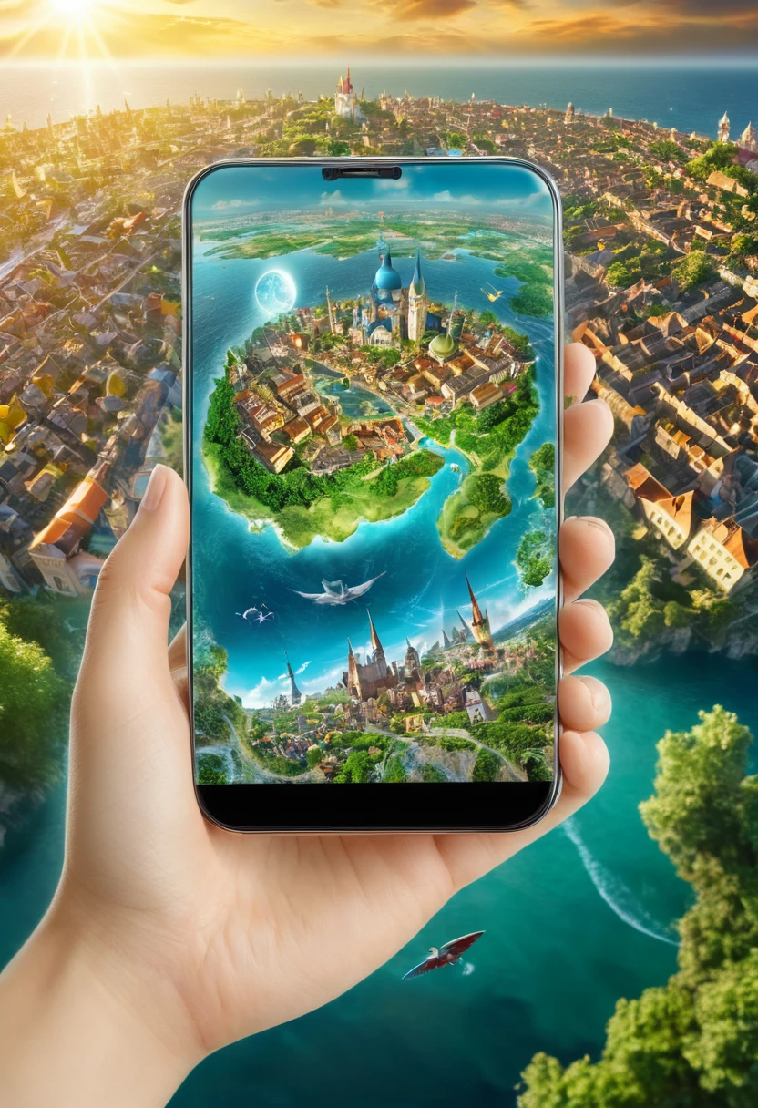 It's very realistic, with a smartphone in your hand and a world map displayed on the smartphone screen, There is a part of a magical city that looks like a fairy tale in the depths of the image, outdoor