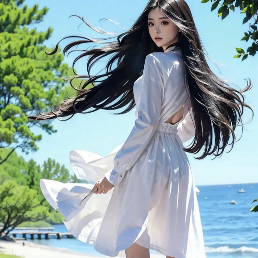 rice, (Very detailed, Very realistic, Very sharp, Hyperrealism, Ultra-realistic, Highest quality):1.2, 1 girl, (solo:1.3),  (Hair that grows to the knees:1.1, Ridiculously long hair:1.4, hime cut, straight hair, black hair), (Detailed Hair, Detailed skin), (Slim figure, Flat Chest), (long sleeves, frilled clothing, Black long skirt:1.1, Solid black dress:1.1), (Shooting from behind:1.5), (Hair tousled by the wind:1.5), Standing posture, (White background:1.3), Soft lighting