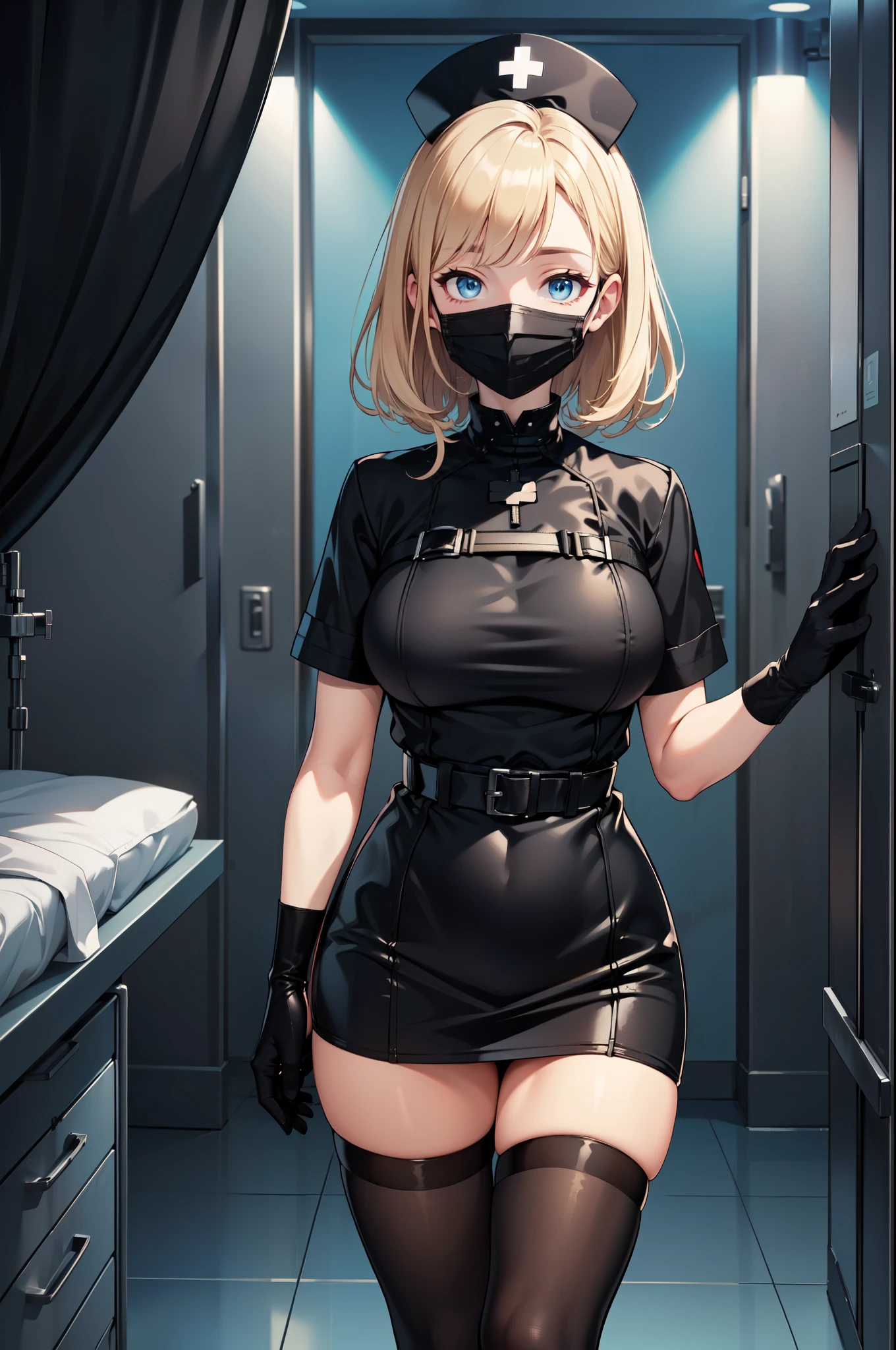 black nurse, 1woman, solo, black nurse cap, black nurse uniform, ((black legwear, zettai ryouiki)), black elbow gloves, blonde hair, blue eyes, ((black surgical mask, covered nose)), standing, ((surgery room)), sharp outline, short sleeves, mature female, 35 years old, best quality, masterpiece