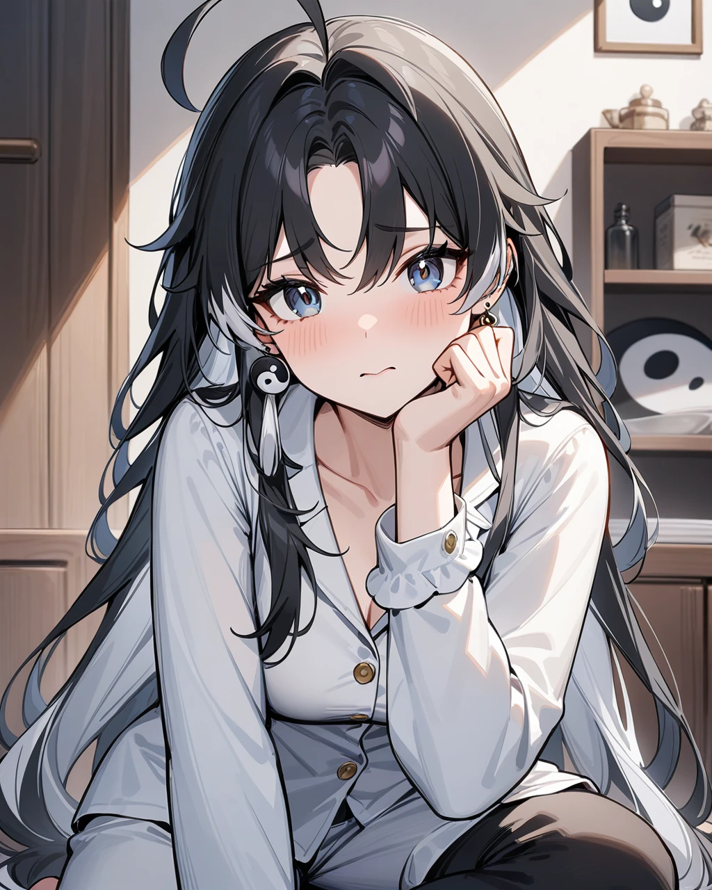 masterpiece,best quality,cute pajamas,indoors,looking at viewer,shy, jianxin,1girl,solo,jewelry,earrings,black hair,multicolored hair,long hair,ahoge,yin yang