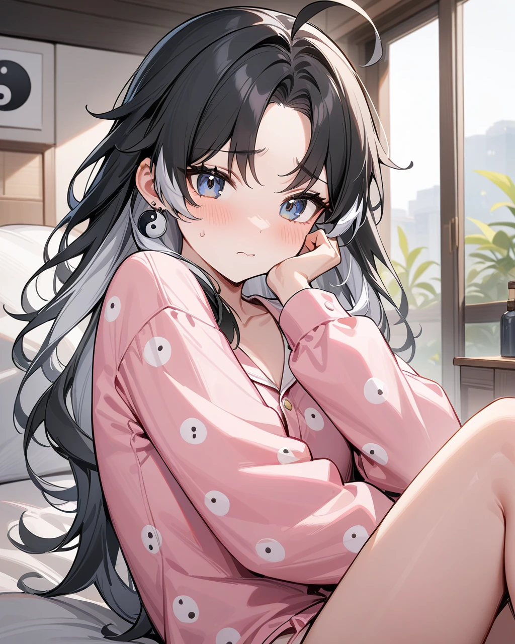 masterpiece,best quality,cute pajamas,indoors,looking at viewer,shy, jianxin,1girl,solo,jewelry,earrings,black hair,multicolored hair,long hair,ahoge,yin yang