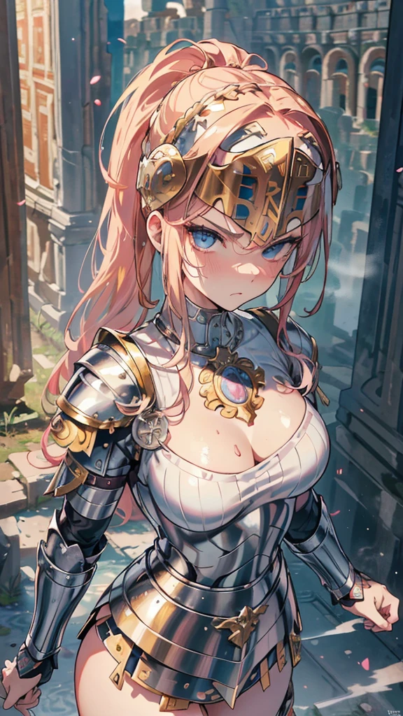 Best quality, Ultra detailed, best quality, insanely detailed, beautiful, masterpiece, 8k, 
break  
Ancient roman,
break 
1girl, (blonde hair:1.2), (slicked back hair:1.2), forehead, long hair, high ponytail,tareme , blue eyes, ultra detailed eyes, (ancient roman armor:1.5), (pink armor1.0),(ancient roman helmet:1.5), pink helmet,pale skin , full body, portlait, strong facial expression,(sharp eye:1.2),(scowl:1.1), (stare at viewer with stern eyes:1.5), ,nsfw,(ecstasy:1.3) ,(slut:1.2),(vulgarity:1.3),(fucked silly:1.1),(steam:1.1),(wet:0.8),(trembling:0.8),(tears:0.7) ,(drooling:0.6),(sweat:0.8),sword, ancient roman shield,