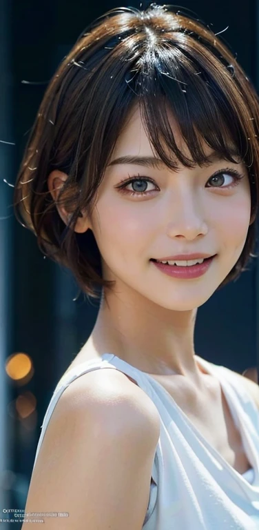 masterpiece, 1 beautiful girl, Fine grain, Swollen eyes, Highest quality, 超High resolution, (reality: 1.4), Original photo, One girl, Cinema Lighting, smile, Japanese, Asian Beauty, Korean, clean, so beautiful, Beautiful Skin, thin, Cyberpunk Background, (Ultra-realistic ), (High resolution), (8K), (Very detailed), (Best illustrations), (Beautiful and detailed eyes), (Very detailedな), (wallpaper), (Detailed face), Viewers are watching, Fine details, Detailed face, Pure Erotic Face Ace_v1, smile, 46 point diagonal bangs, Look straight ahead, Dress neatly, Dark Eyes, No sleeve, Body facing forward, short hair, Brown Hair, Messenger of God,